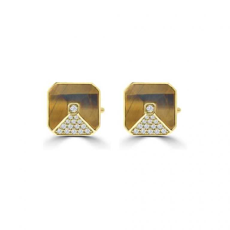 Tiger Eye Diamond Square Cufflinks in 18K Yellow Gold