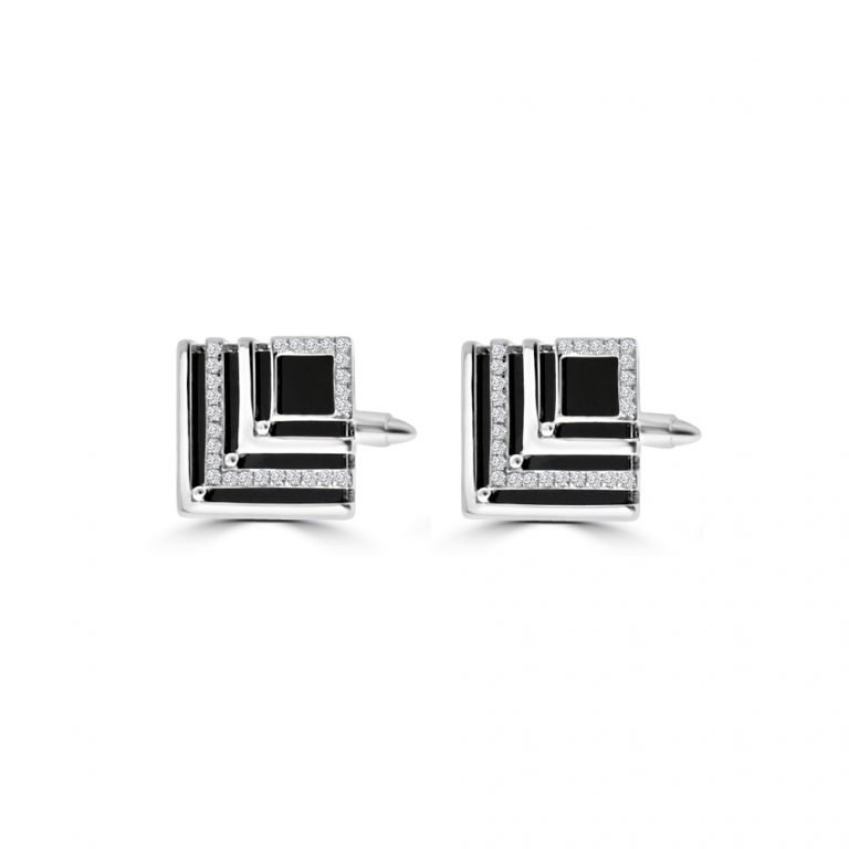 Black Agate Diamond Square Cufflinks in 18K White Gold