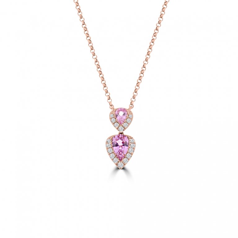 Pear Shaped Pink Sapphire Diamond Teardrop Pendant with Chain in 18K Rose Gold