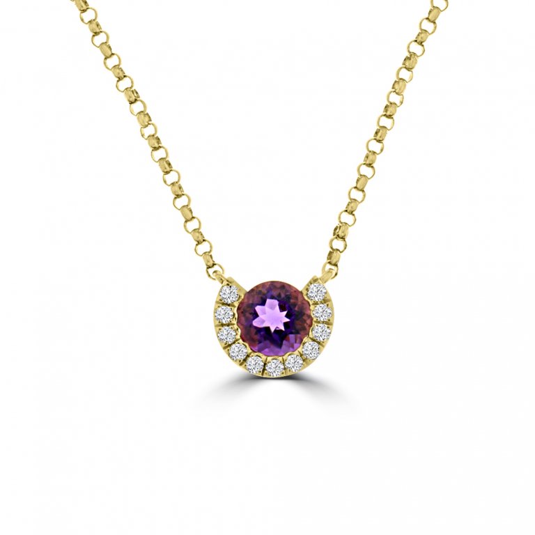 Round Amethyst Diamond Pendant with Chain in 18K Yellow Gold