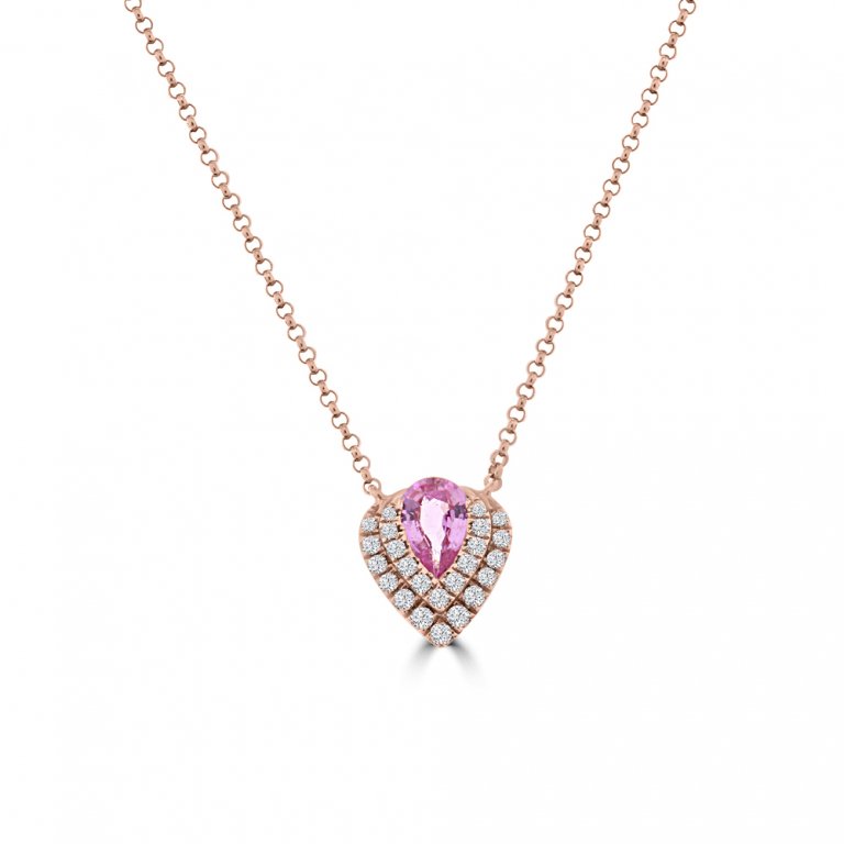 Pear Shaped Pink Sapphire Diamond Teardrop Pendant with Chain in 18K Rose Gold