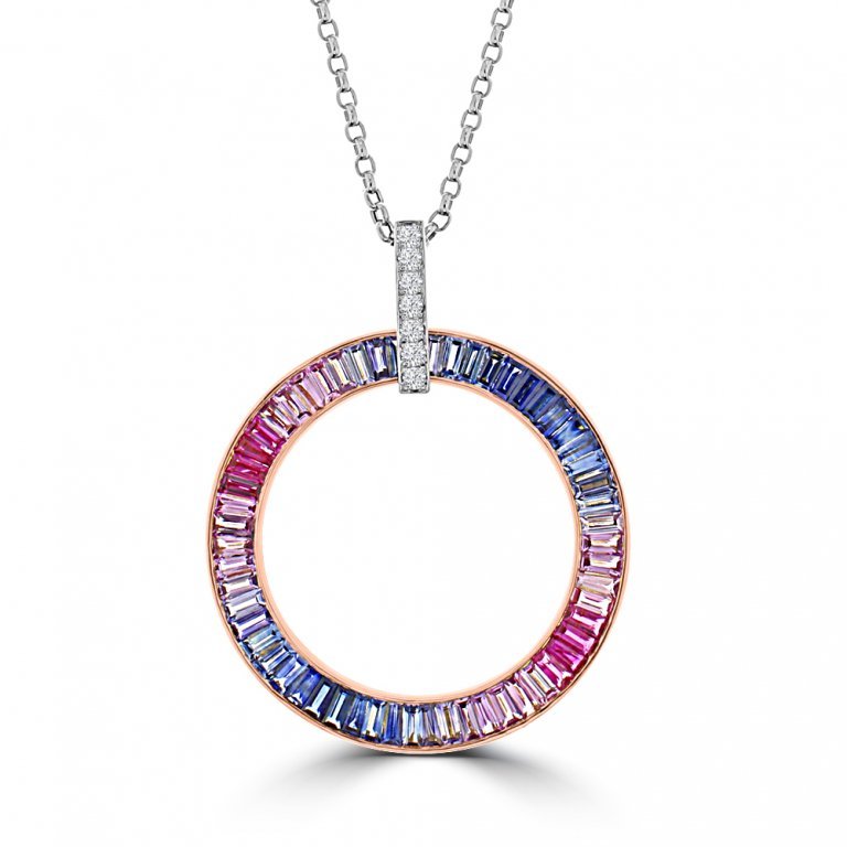 Rainbow Sapphire Diamond Open Circle Pendant with Chain in 18K White Gold, 18K Rose Gold