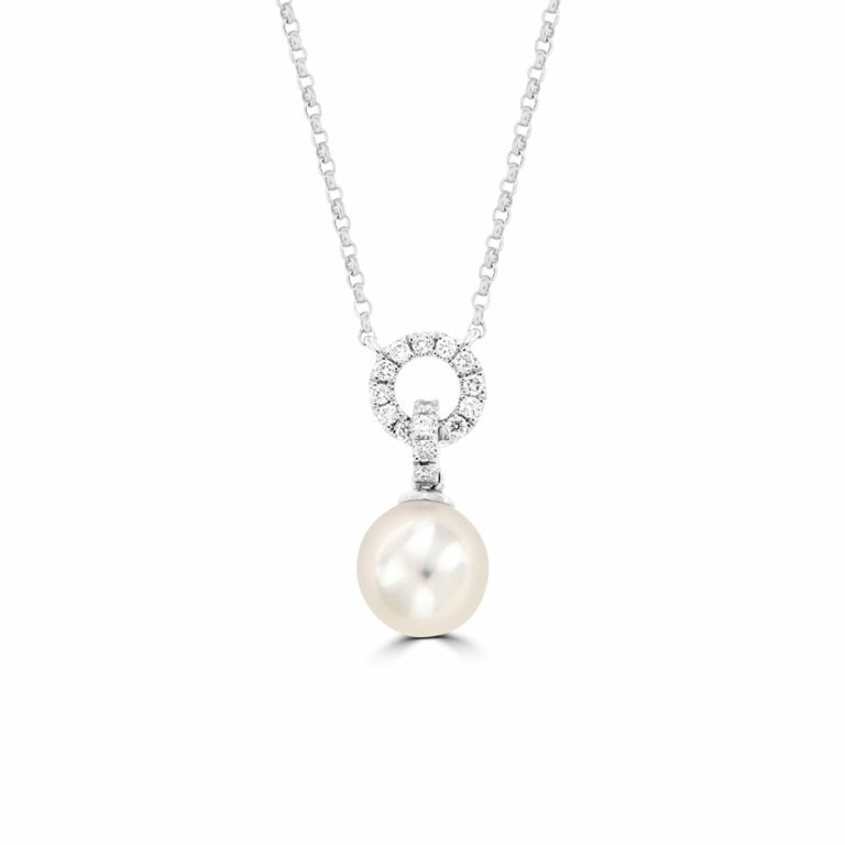 Akoya Pearl Diamond Open Circle Drop Pendant with Chain in 18K White Gold