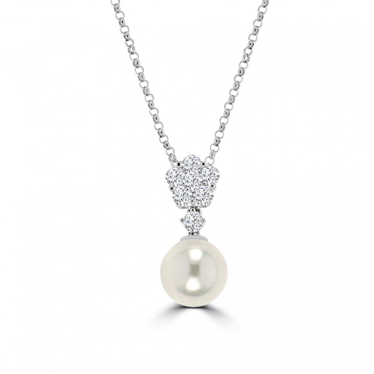 Akoya Pearl Diamond Floral Drop Pendant with Chain in 18K White Gold