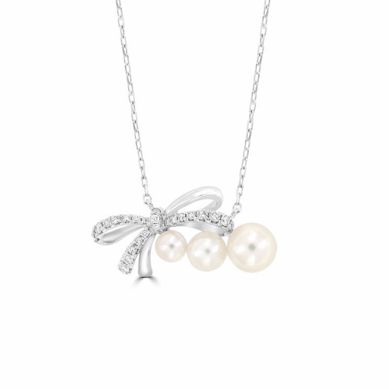 Akoya Pearl Diamond Ribbon Pendant with Chain in 18K White Gold