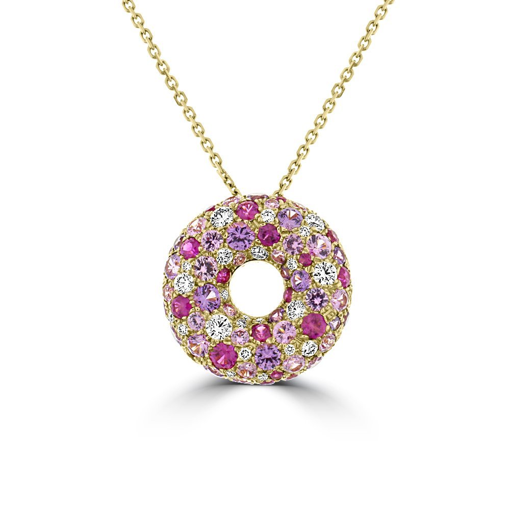 Rainbow Sapphire Diamond Donut Pendant with Chain in 18K Rose Gold