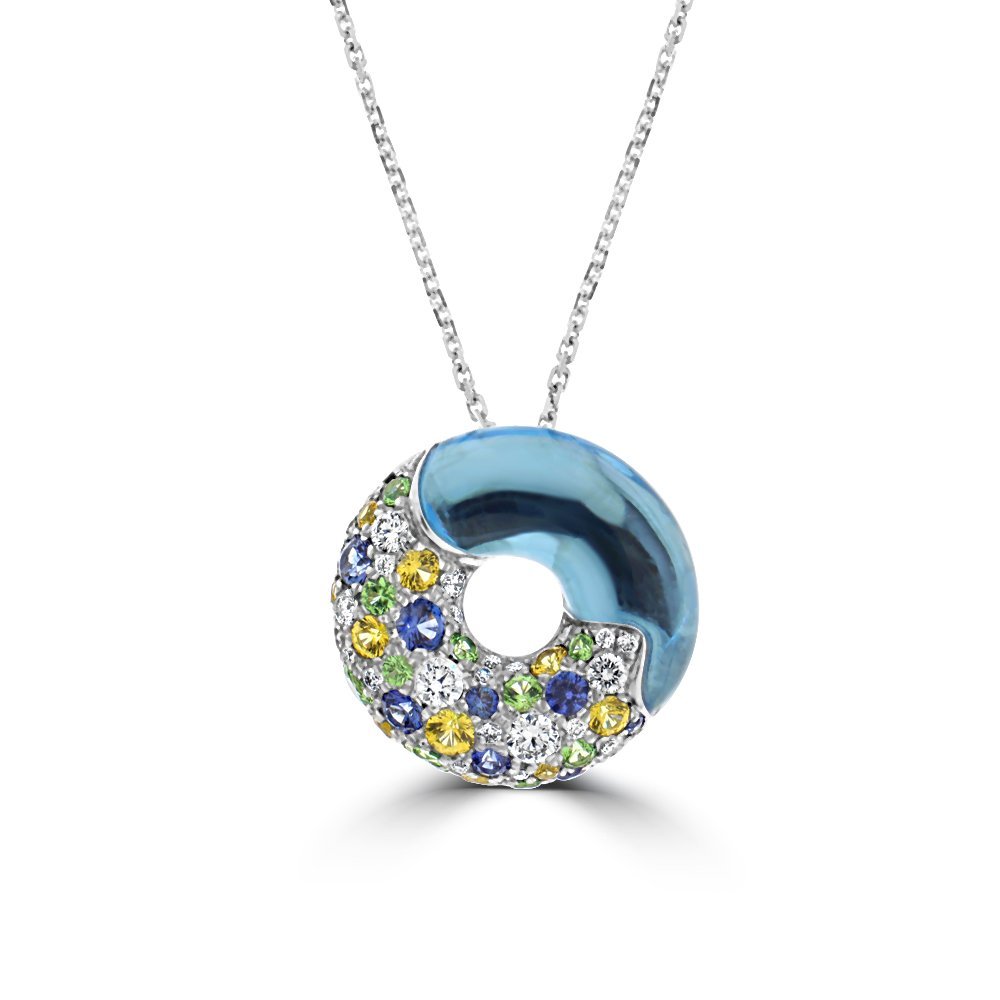 Blue Topaz Rainbow Sapphire Diamond Donut Pendant with Chain