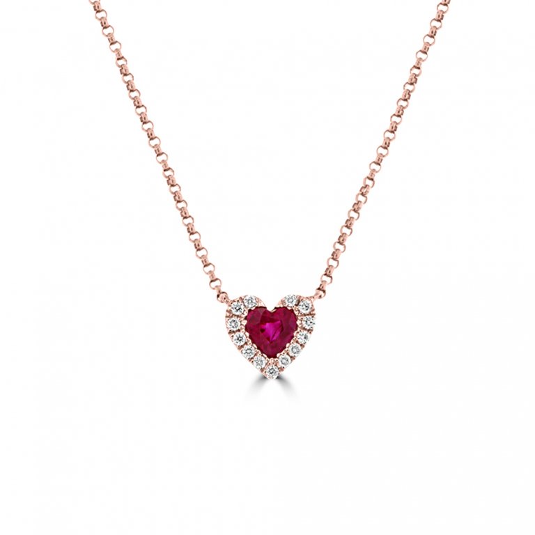Heart Shaped Ruby Diamond Heart Pendant with Chain in 18K Rose Gold