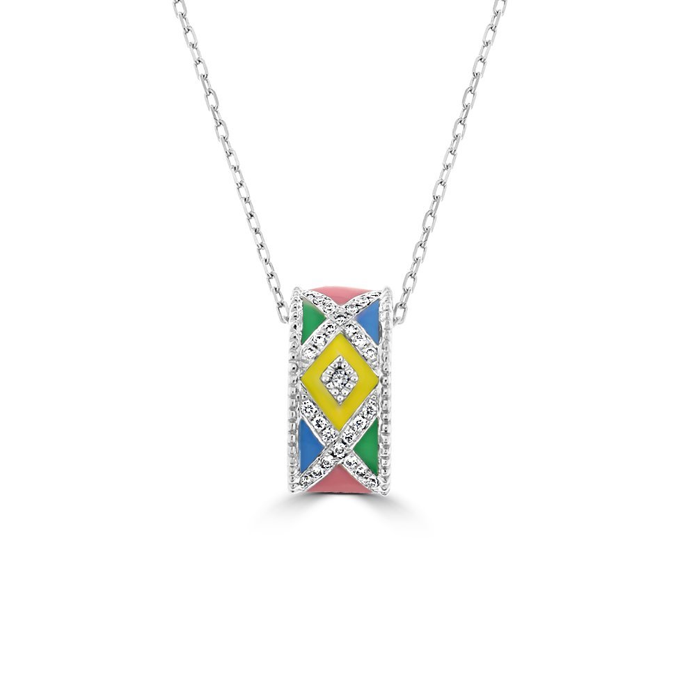 Diamond Enamel Pattern Barrel Pendant with Chain
