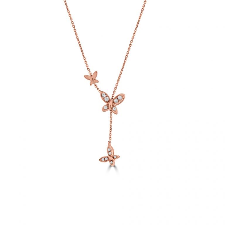 Diamond Butterflies Drop Pendant with Chain in 18K Rose Gold