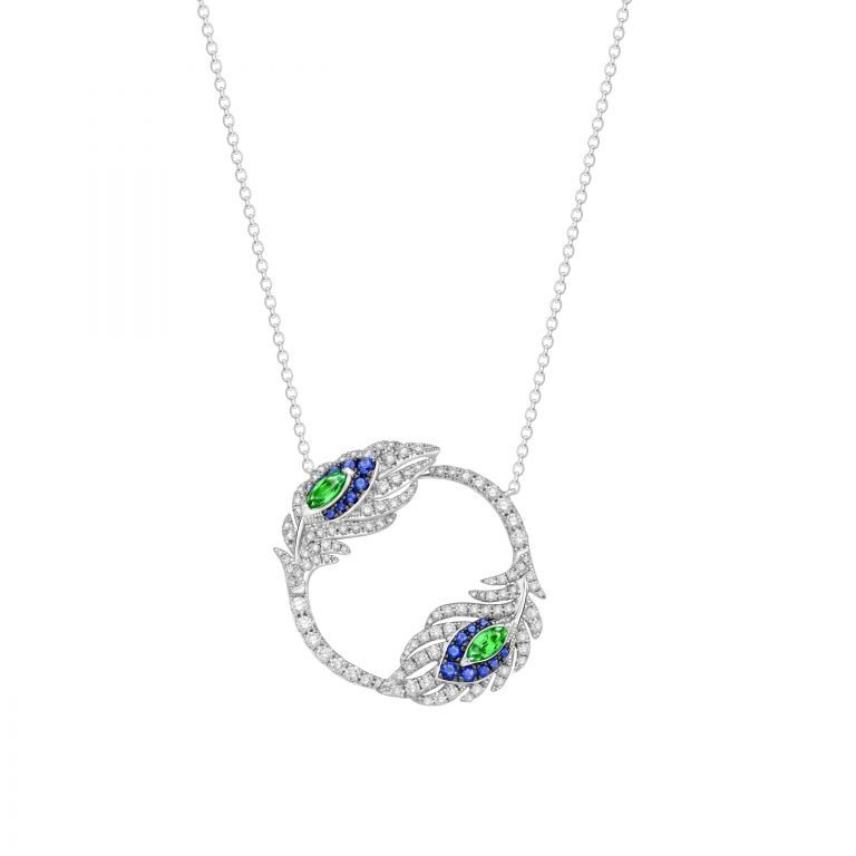 Green Garnet Sapphire Diamond Feather Open Circle Pendant with Chain in 18K White Gold