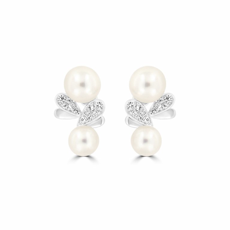 Akoya Pearl Diamond Cluster Drop Earrings in 18K White Gold