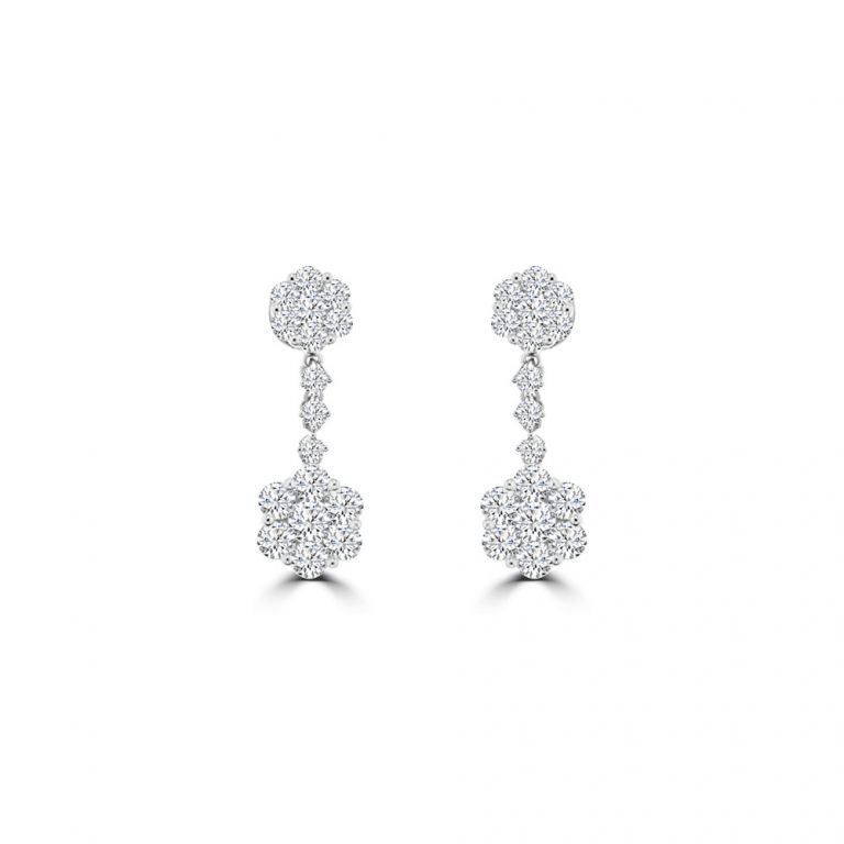 Diamond Daisy Cluster Drop Earrings in 18K White Gold