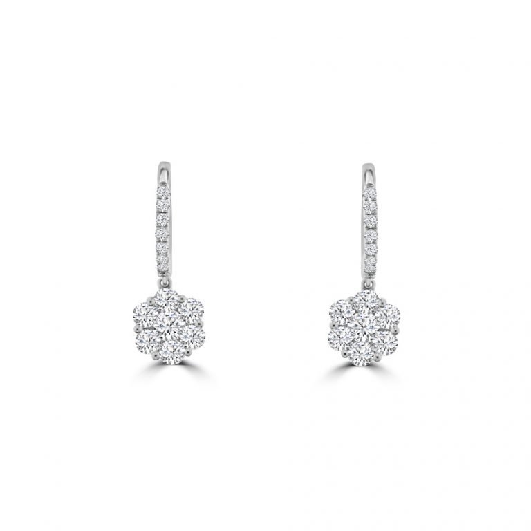Diamond Daisy Cluster Drop Huggie Earrings in 18K White Gold