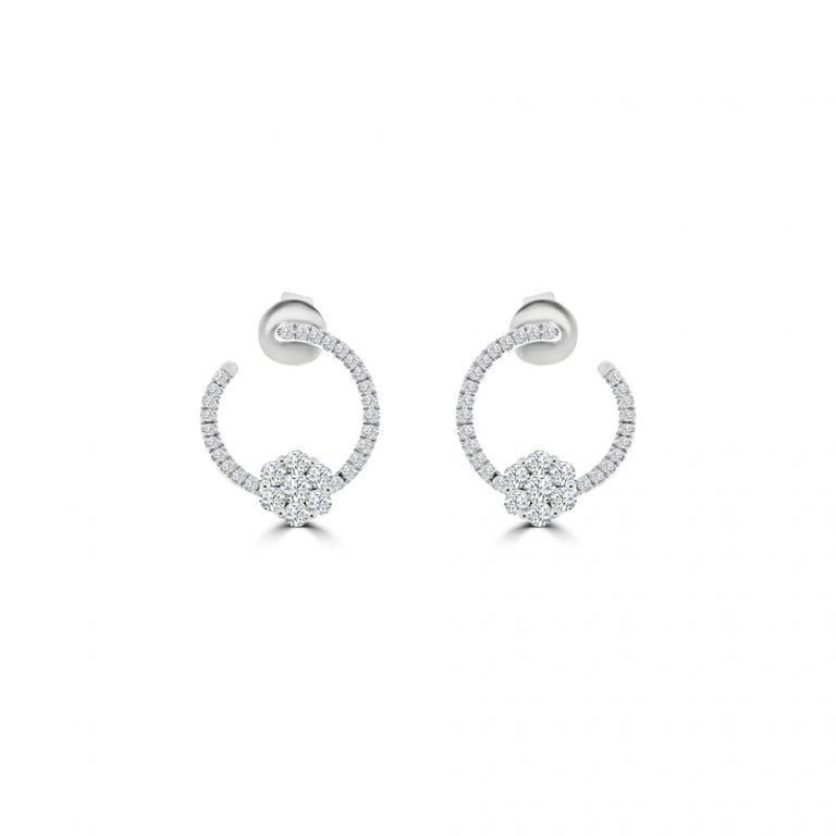 Diamond Daisy Cluster Front Hoop Earrings in 18K White Gold