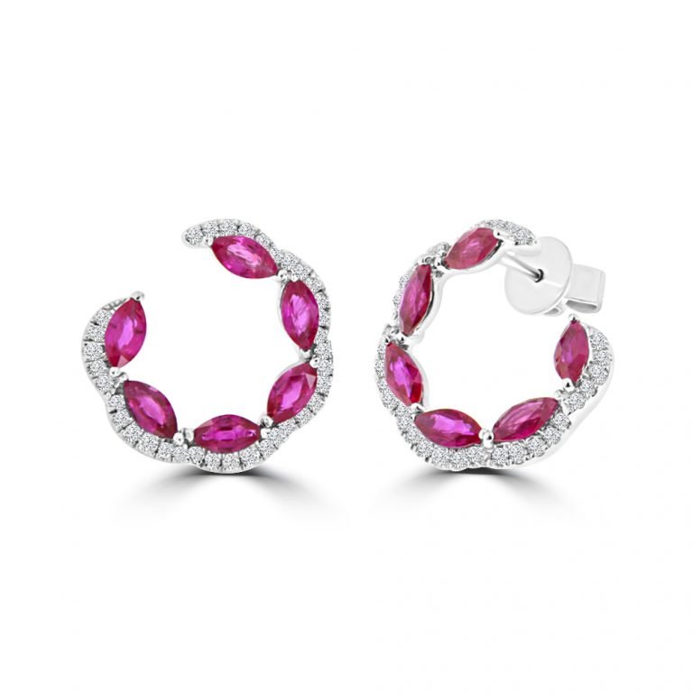 Marquise Cut Ruby Diamond Fancy Circle Front Hoop Earrings in 18K White Gold