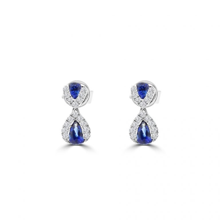 Pear Shaped Sapphire Diamond Teardrop Earrings in 18K White Gold