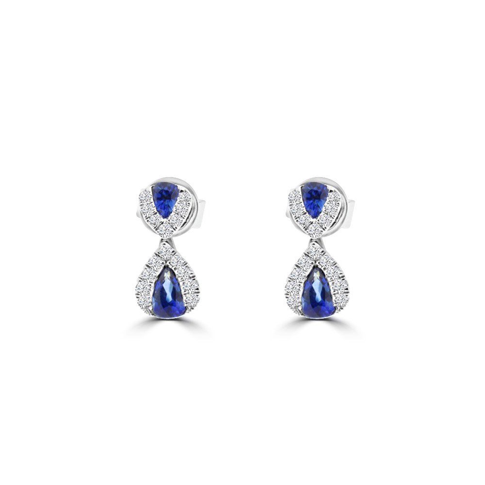 Pear Shaped Sapphire Diamond Teardrop Earrings in 18K White Gold