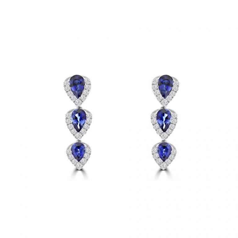 Pear Shaped Sapphire Diamond Teardrop Trio Earrings in 18K White Gold