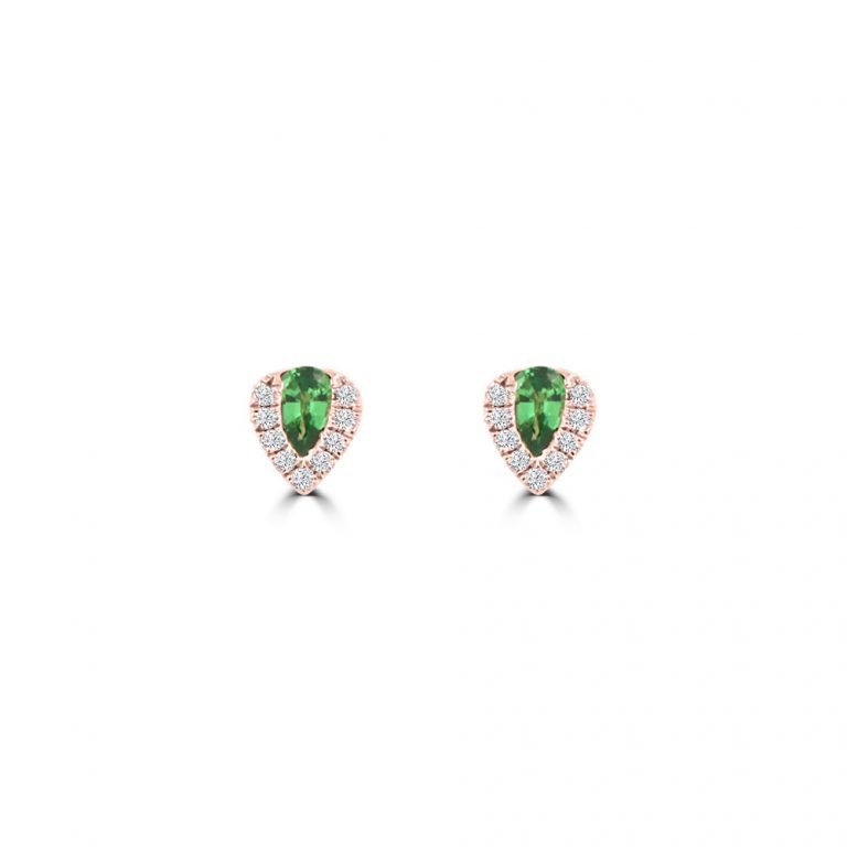 Pear Shaped Green Garnet Diamond Teardrop Stud Earrings in 18K Rose Gold