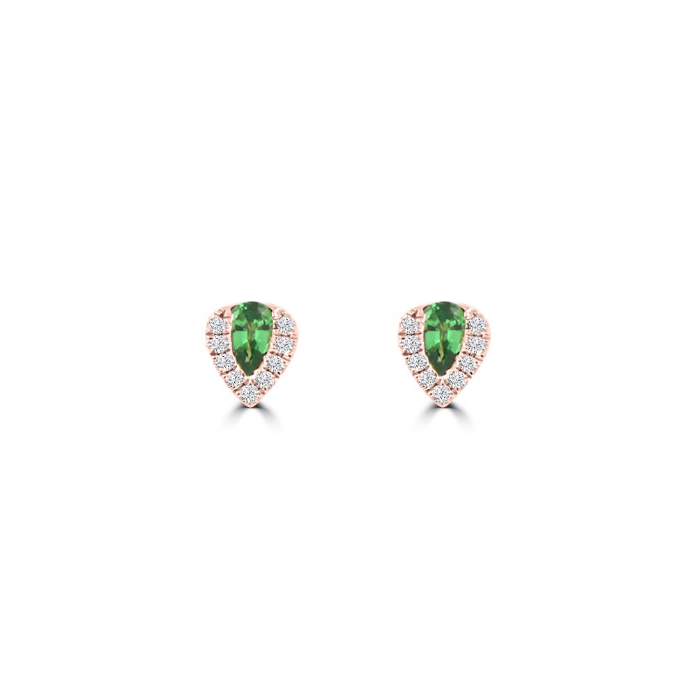 Pear Shaped Green Garnet Diamond Teardrop Stud Earrings in 18K Rose Gold