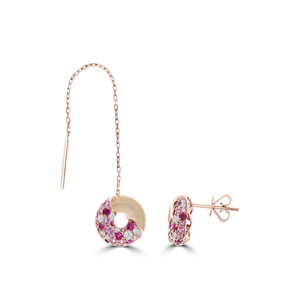 Rose Quartz Rainbow Sapphire Diamond Donut Drop Earrings