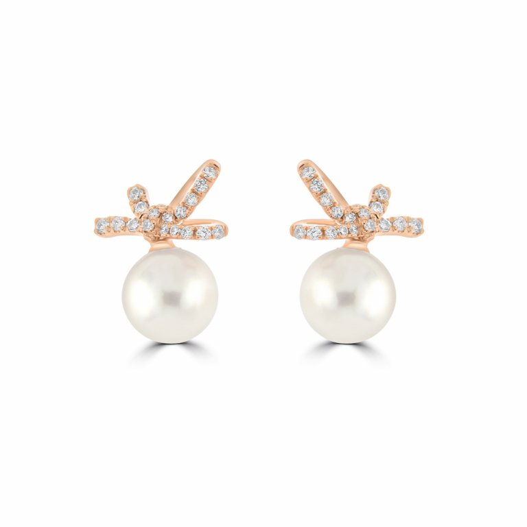 Akoya Pearl Diamond Bow Stud Earrings in 18K Rose Gold