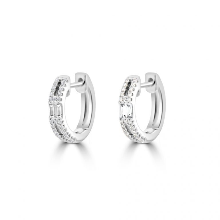 Baguette Diamond Double Row Huggie Earrings in 18K White Gold