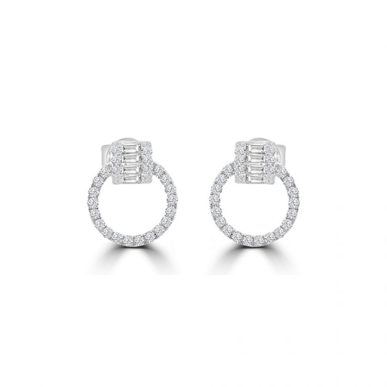 Baguette Diamond Open Circle Earrings in 18K White Gold