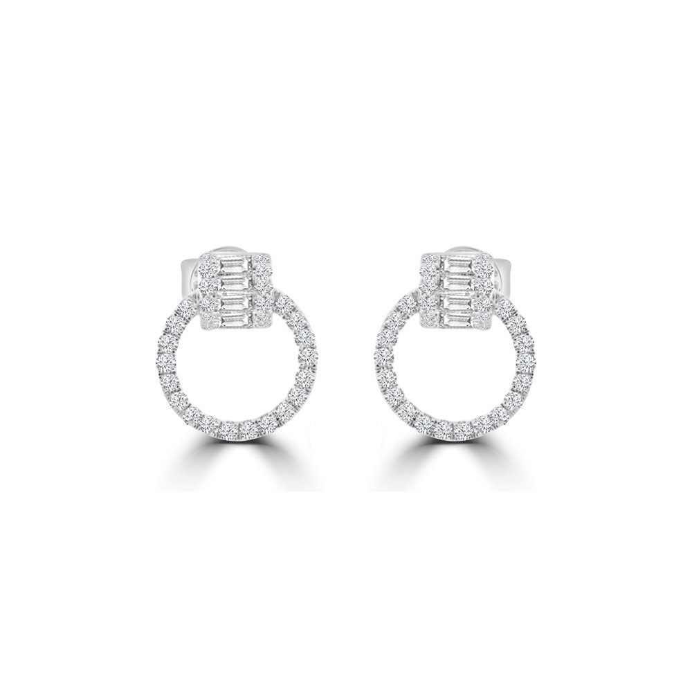 Baguette Diamond Open Circle Earrings in 18K White Gold