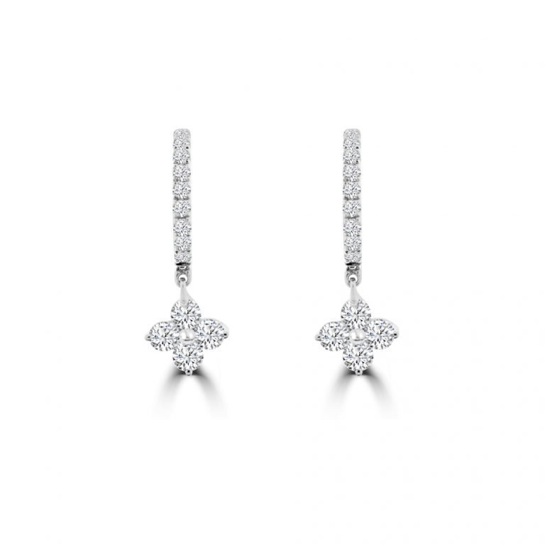 Diamond Floral Cluster Dangle Huggie Earrings in 18K White Gold