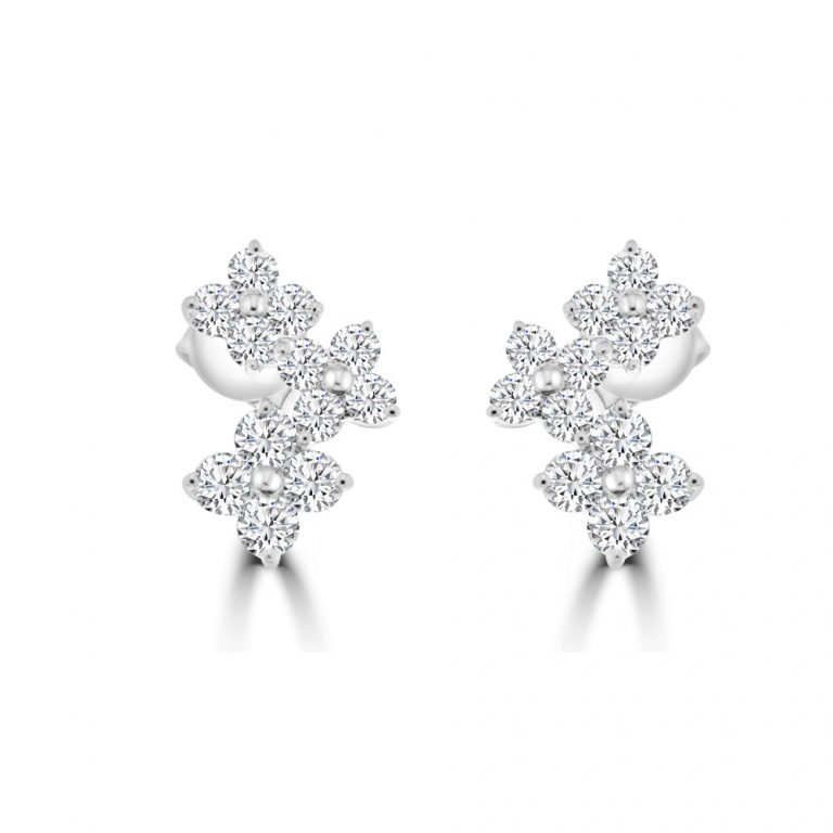 Diamond Floral Cluster Drop Earrings in 18K White Gold