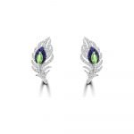 Green Garnet Sapphire Diamond Feather Earrings in 18K White Gold
