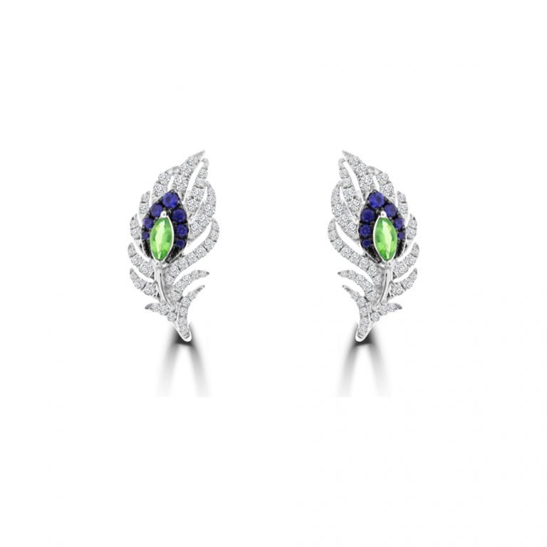 Green Garnet Sapphire Diamond Feather Earrings in 18K White Gold