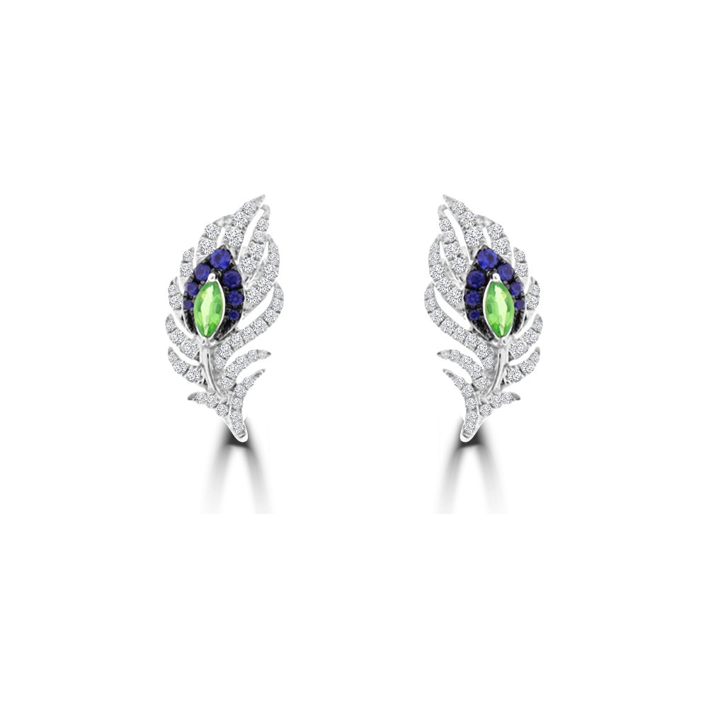 Green Garnet Sapphire Diamond Feather Earrings in 18K White Gold