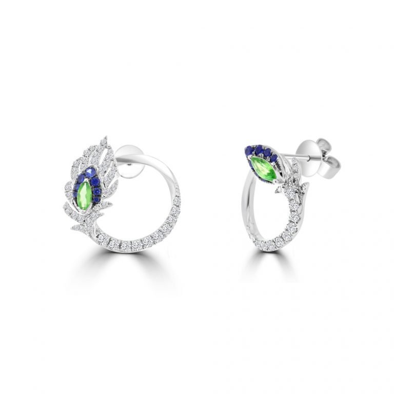 Green Garnet Sapphire Diamond Feather Front Hoop Earrings in 18K White Gold