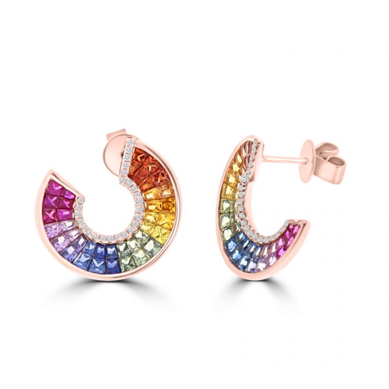 Rainbow Sapphire Diamond Open Circle Stud Earrings in 18K Rose Gold