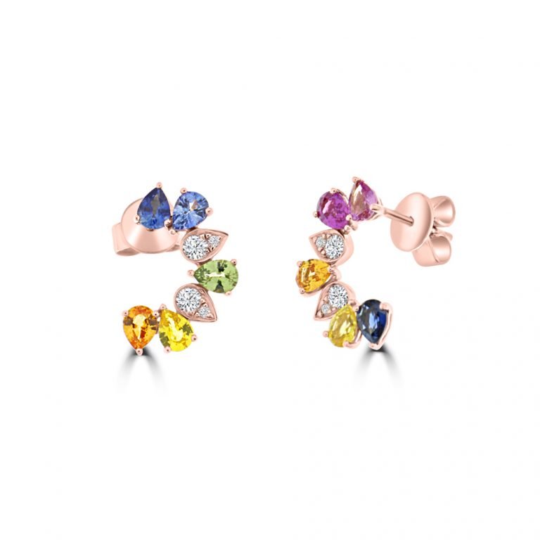 Rainbow Sapphire Diamond Half Front Hoop Earrings in 18K Rose Gold