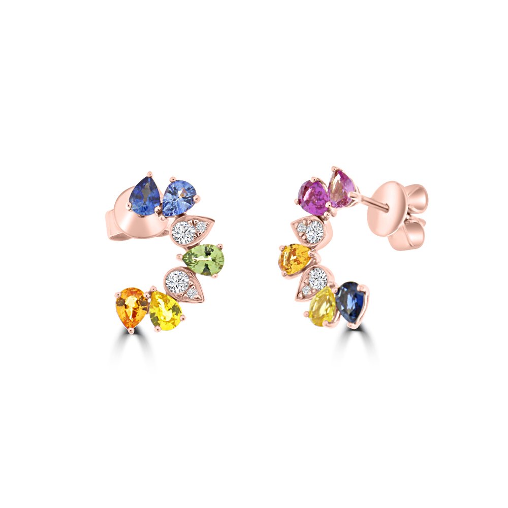 Rainbow Sapphire Diamond Half Front Hoop Earrings