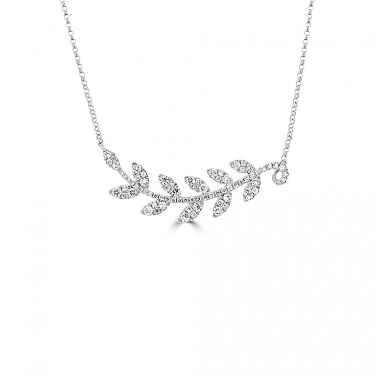 Diamond Olive Branch Curve Pendant with Chain in 18K White Gold