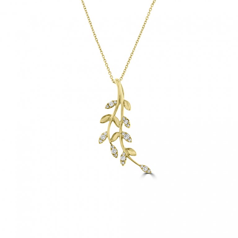Diamond Olive Branch Drop Pendant with Chain in 18K Yellow Gold