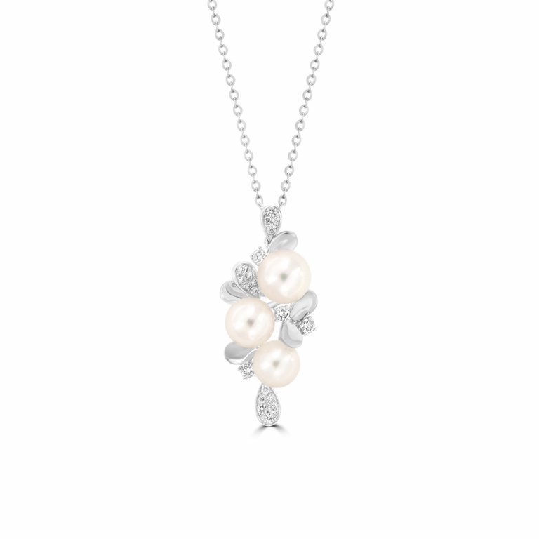 Akoya Pearl Diamond Cluster Drop Pendant with Chain in 18K White Gold