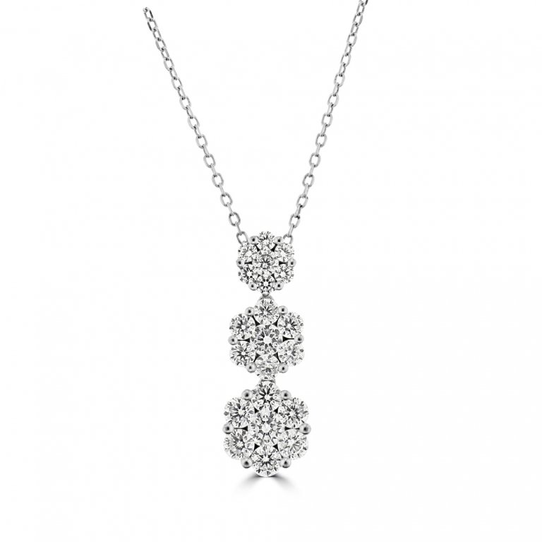 Diamond Daisy Cluster Trio Drop Pendant with Chain in 18K White Gold