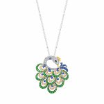 Green Garnet Sapphire Black and White Diamond Peacock Pendant with Chain in 18K White Gold, 18K Yellow Gold