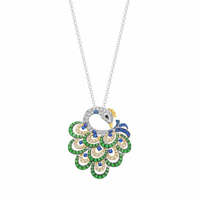 Green Garnet Sapphire Black and White Diamond Peacock Pendant with Chain in 18K White Gold, 18K Yellow Gold