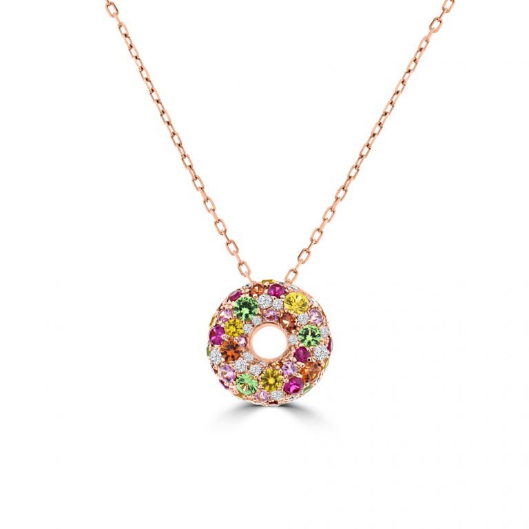 Rainbow Sapphire Diamond Donut Pendant with Chain in 18K Rose Gold
