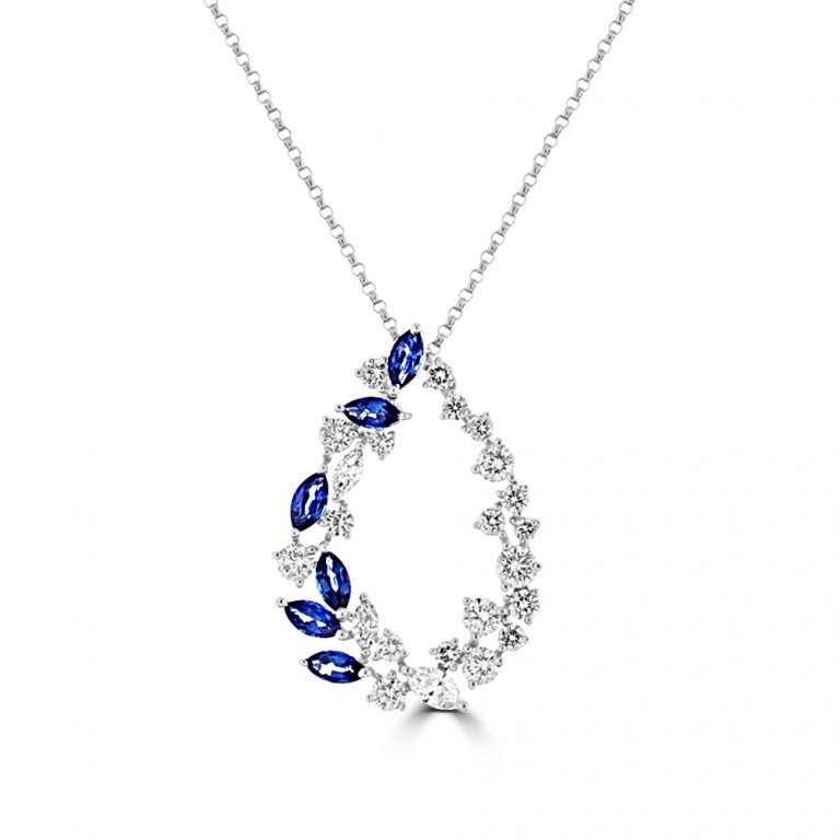 Sapphire Diamond Open Dewdrop Pendant with Chain in 18K White Gold
