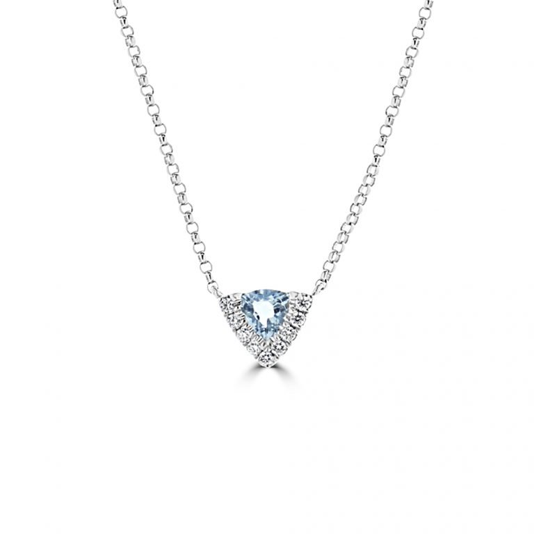 Trilliant Shaped Aquamarine Diamond Pendant with Chain in 18K White Gold