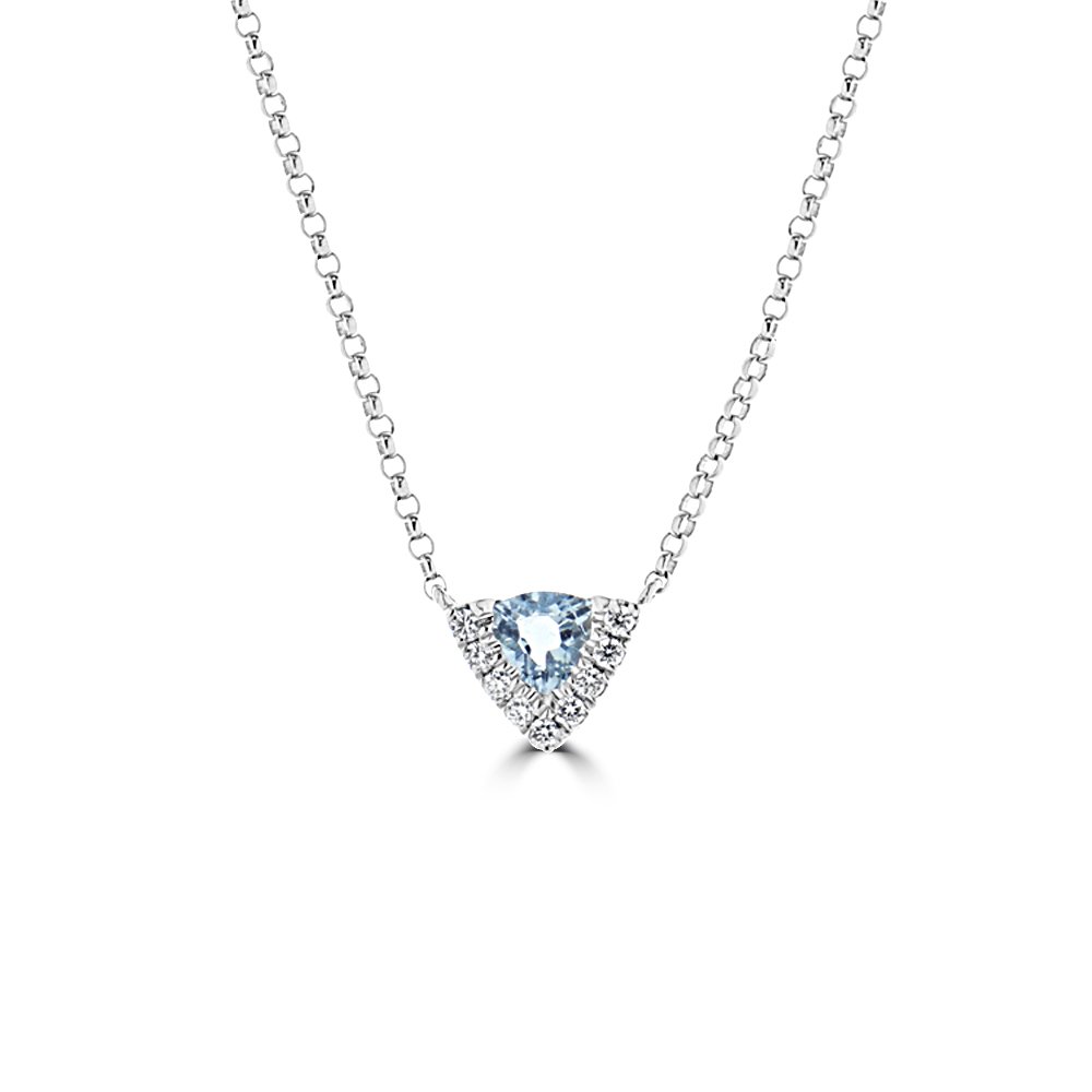 Trilliant Shaped Aquamarine Diamond Pendant with Chain in 18K White Gold
