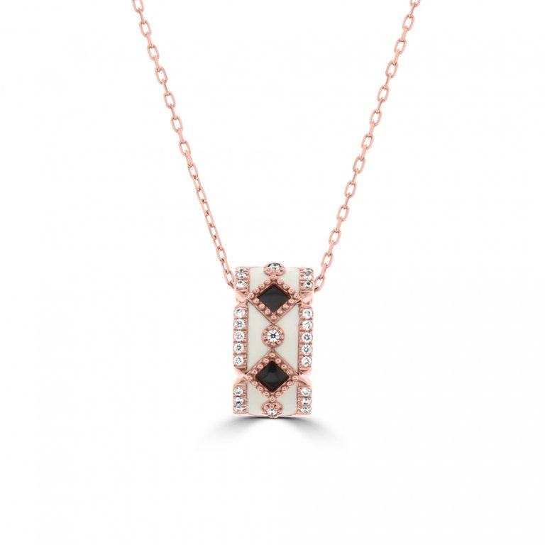 Diamond Enamel Pattern Barrel Pendant with Chain in 18K Rose Gold